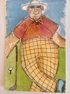 Whimsical Golfer Watercolor original miniature art card Red & Yellow